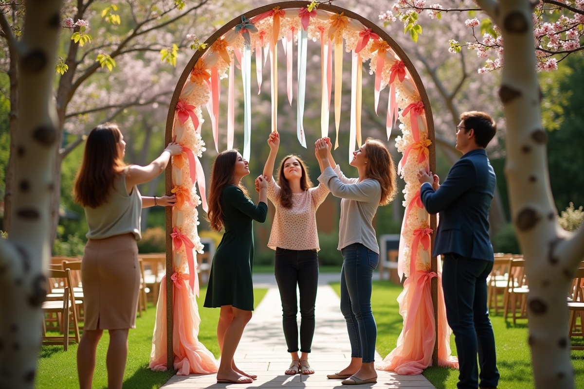 Amis accrochant des grues en papier et rubans pour mariage