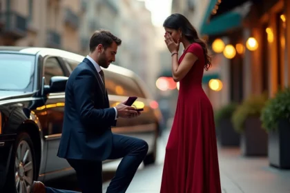 Homme en costume marine à genoux tenant une bague devant une femme surprise près d'une limousine noire lors d'une demande en mariage