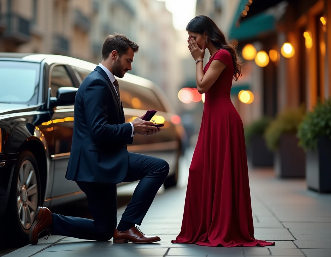 Homme en costume marine à genoux tenant une bague devant une femme surprise près d'une limousine noire lors d'une demande en mariage