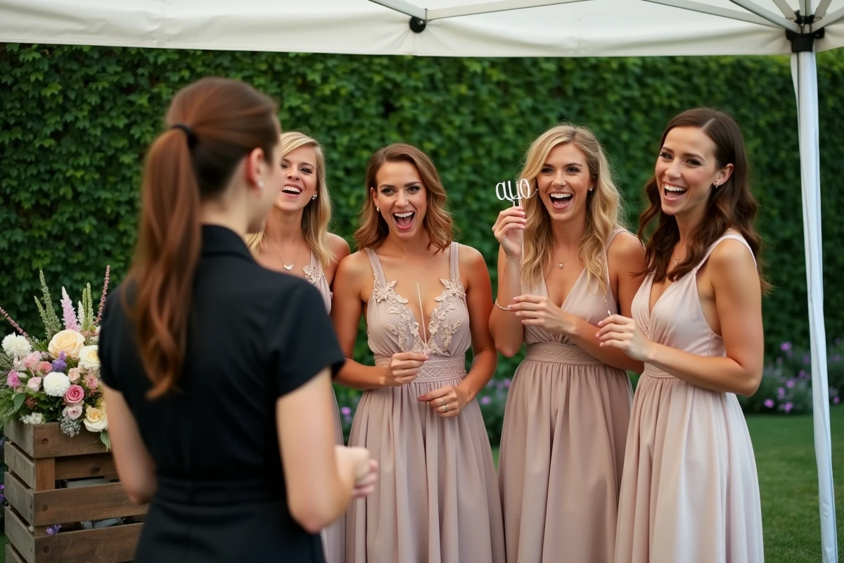 Demoiselles d'honneur choisissant des accessoires amusants pour le photobooth lors d'un mariage en plein air