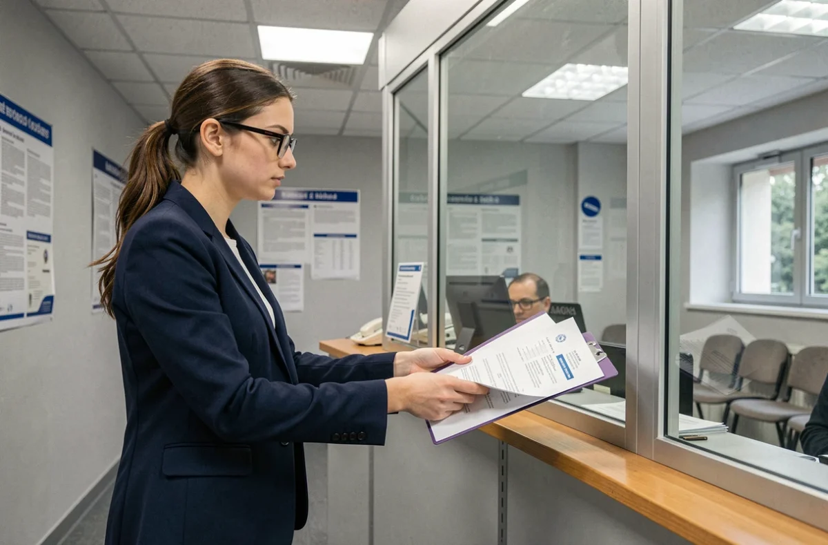 Femme déposant son dossier de mariage à la mairie française, vue d'un bureau administratif