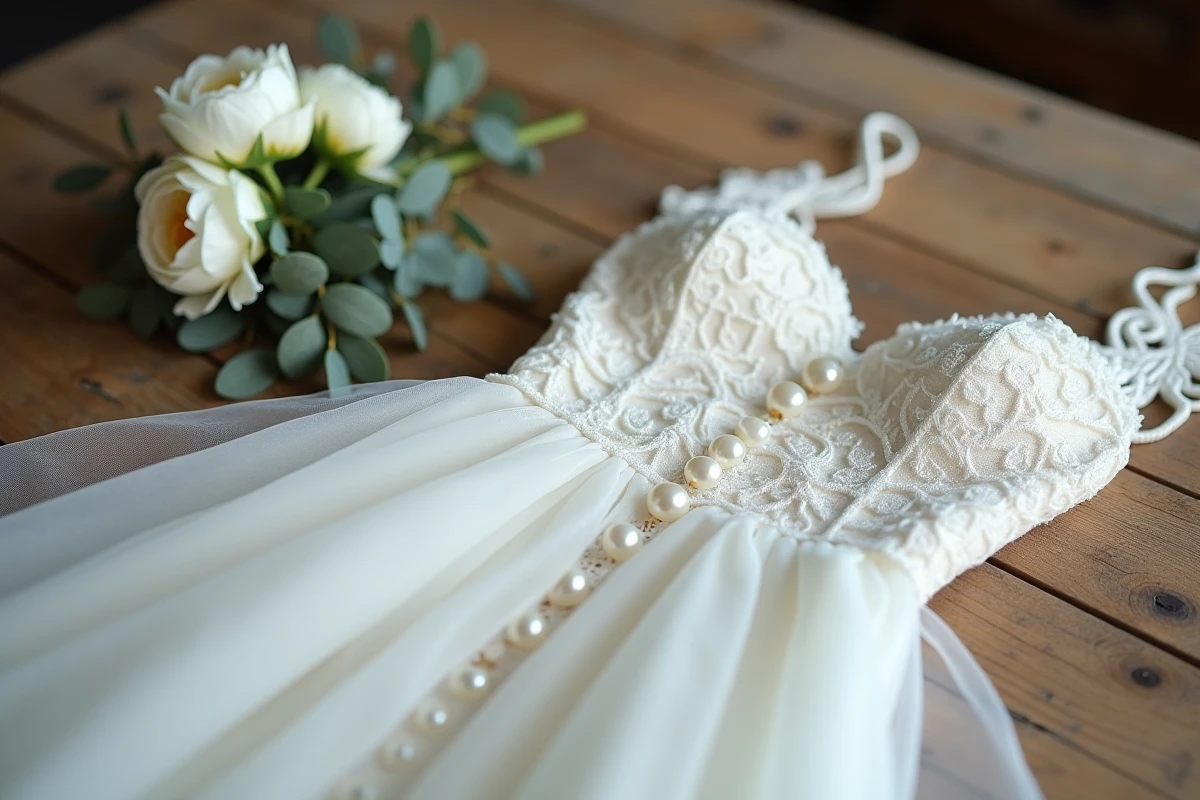 Détails de dentelle et boutons d'une robe de mariée blanche abordable sur table en bois rustique