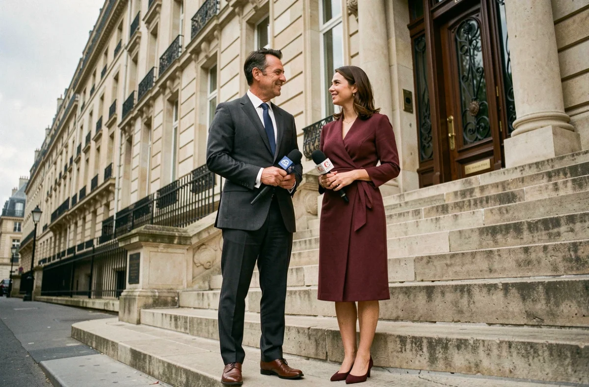 Deux journalistes professionnels devant un bâtiment de presse parisien en architecture haussmannienne