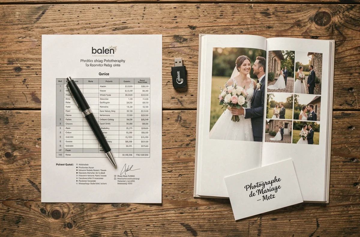 Devis de photographe de mariage à Metz avec album photo imprimé, clé USB et carte de visite sur une table en bois