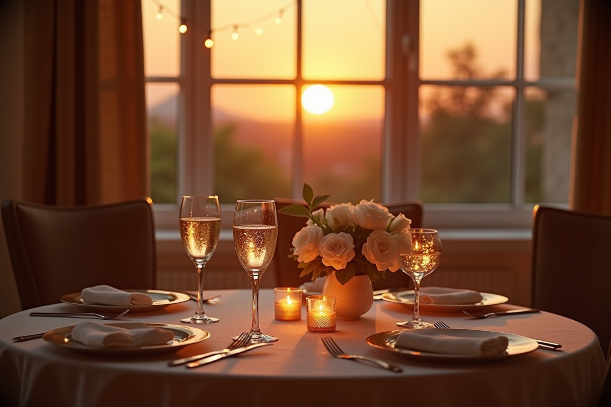 Dîner élégant avec bougies et roses blanches au coucher du soleil