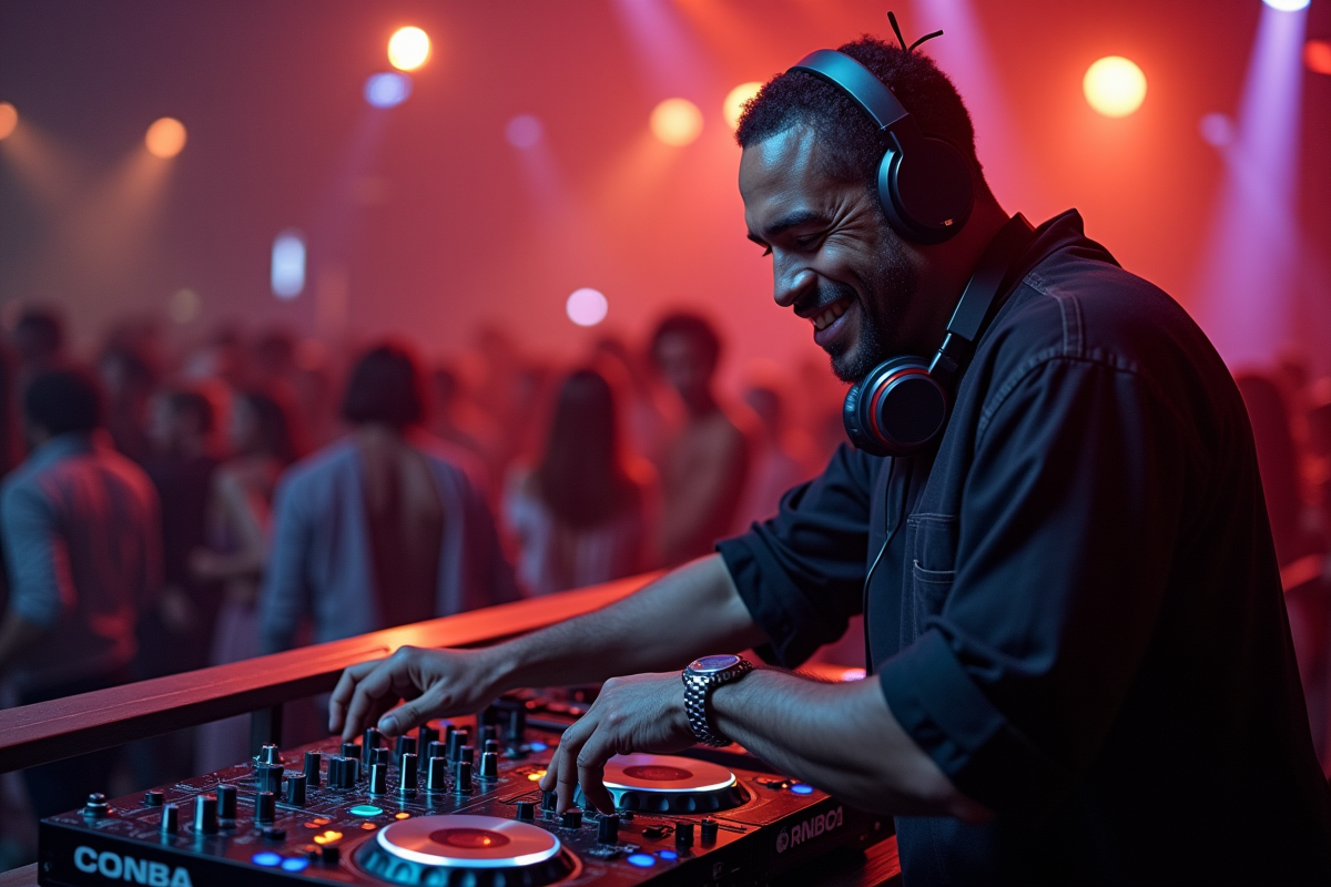 DJ en intérieur avec foule en danse et murs miroirs