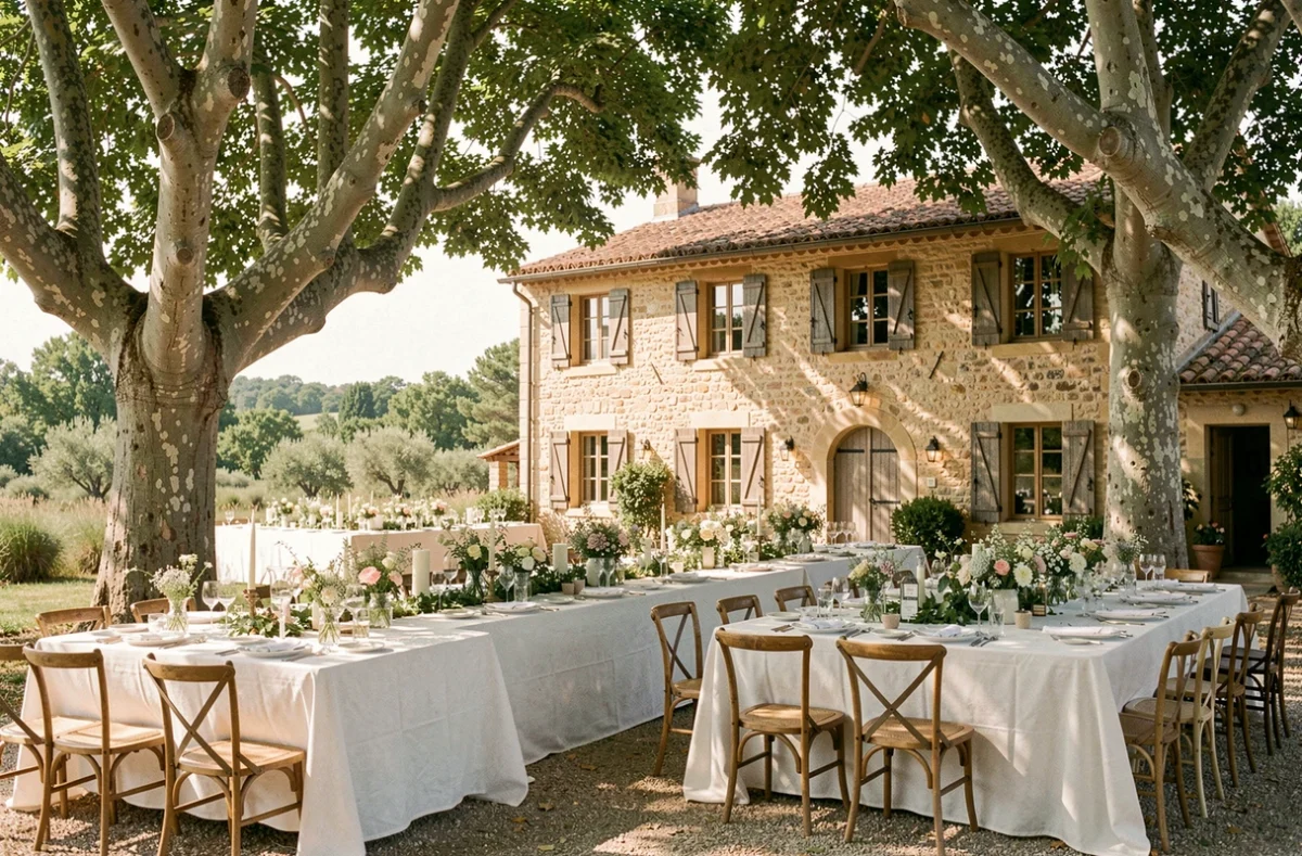 Domaine de l'Ale, mas provençal avec terrasse ombragée sous platanes pour mariages dans le Gard