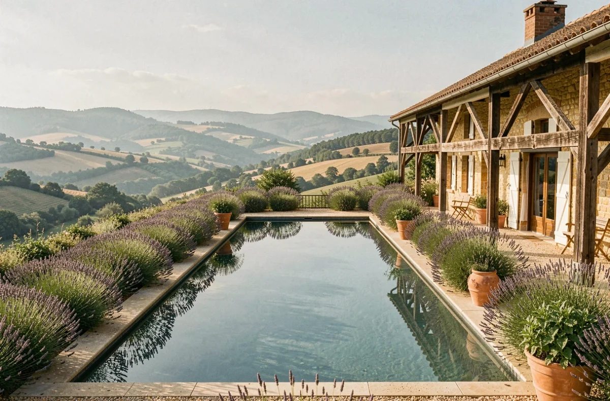 Domaine de Rochemontès avec piscine miroir, lavandes et vue panoramique sur la vallée pour mariages