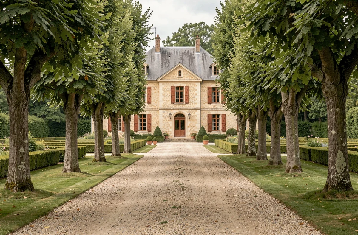 Domaine du Beyssac, manoir en pierre avec allée bordée de chênes et jardin soigné pour mariages