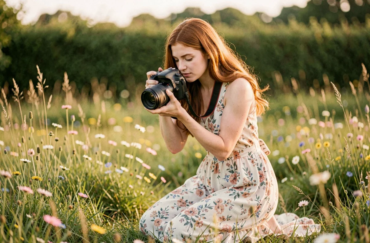 Elisa Marq Photography en train de photographier une mariée dans une prairie fleurie du Pas-de-Calais