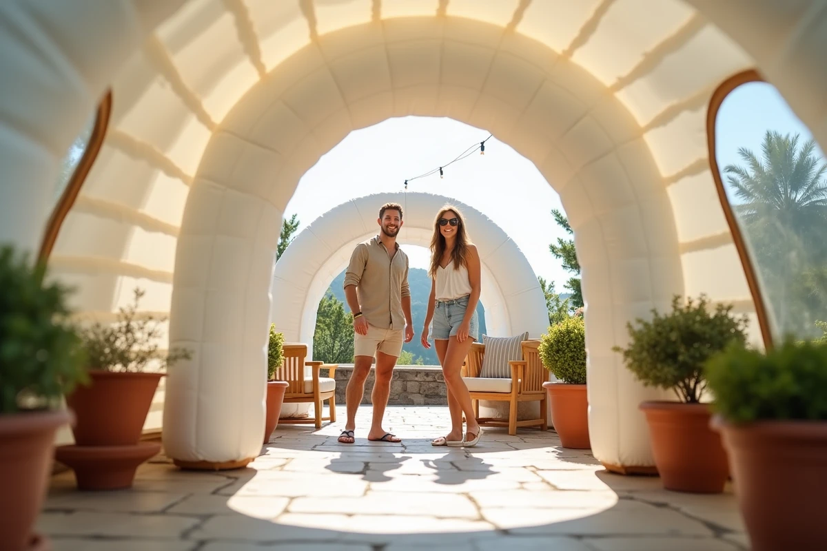 Entrée d'une tente gonflable de réception sur terrasse en pierre avec deux convives souriants et décoration estivale