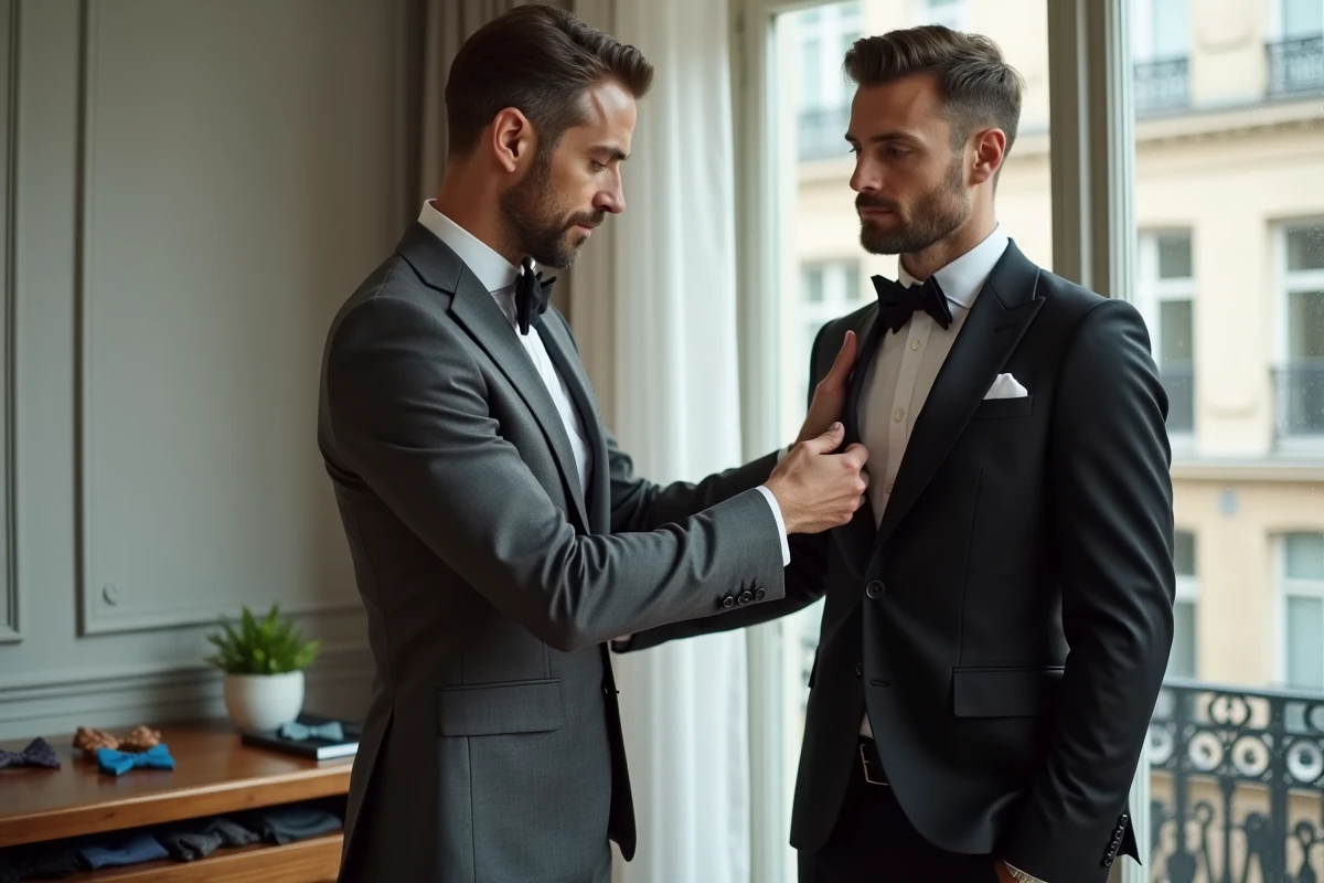 Consultant en costume indiquant les défauts de coupe d'un costume de location à un marié dans un atelier parisien