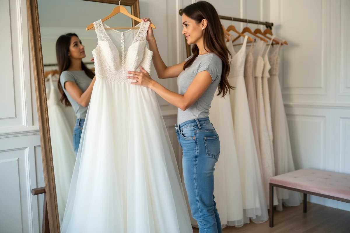 Future mariée tenant une robe de mariée abordable devant un miroir dans une cabine d'essayage de boutique