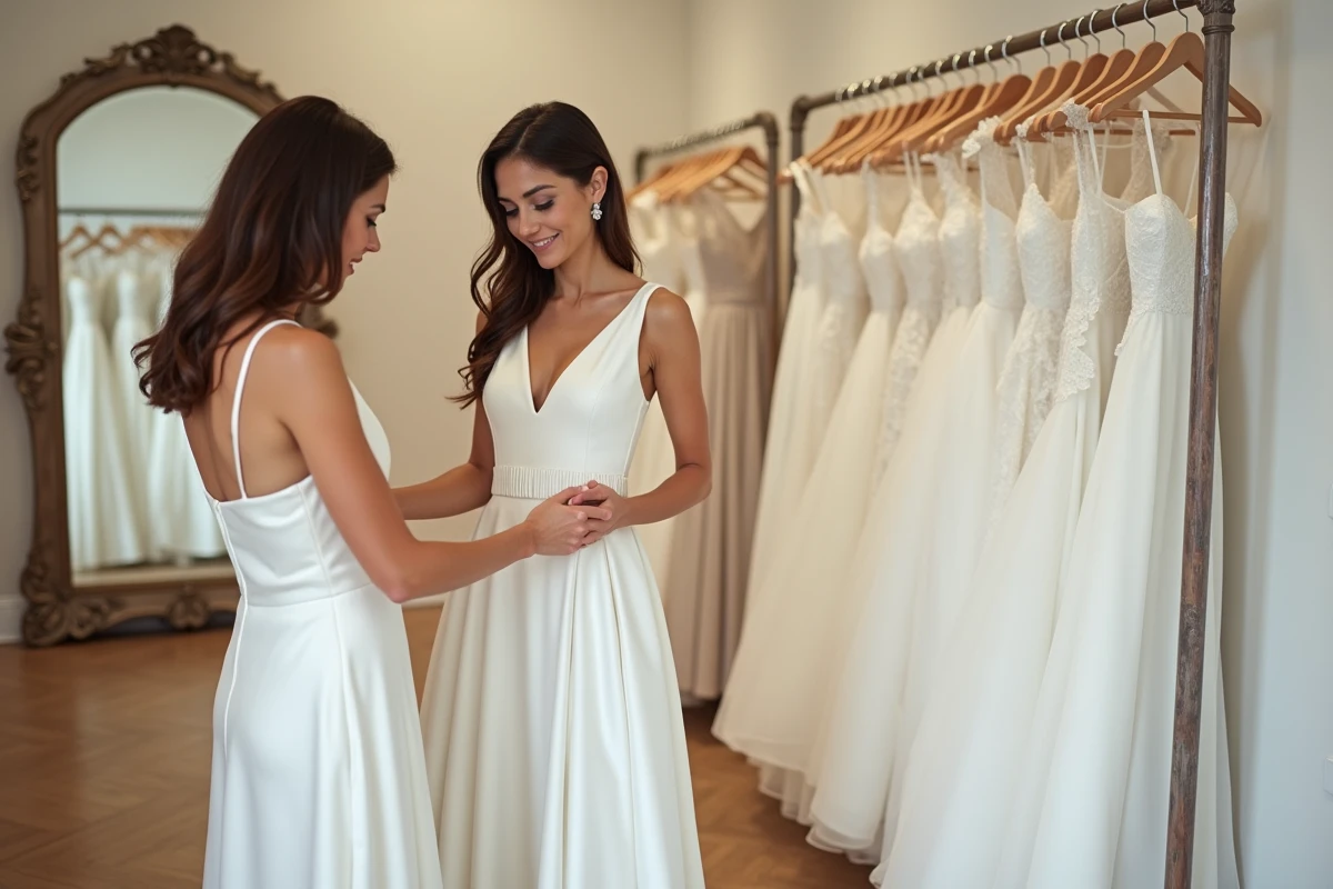 Essayage de robe de mariée blanche pas chère dans une boutique de mariage élégante