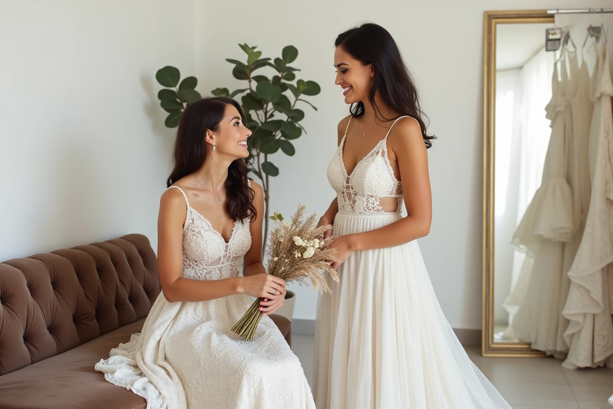 Deux femmes dans un salon d'essayage de boutique de mariage bohème, l'une portant une robe de mariée crochet, ambiance douce et complice