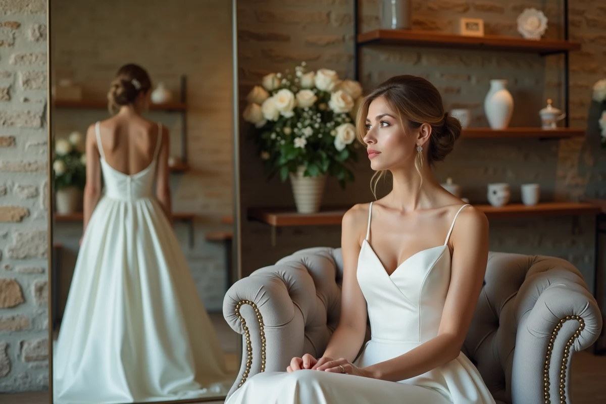 Femme essayant une robe de mariée courte en satin dans une boutique de mariage élégante