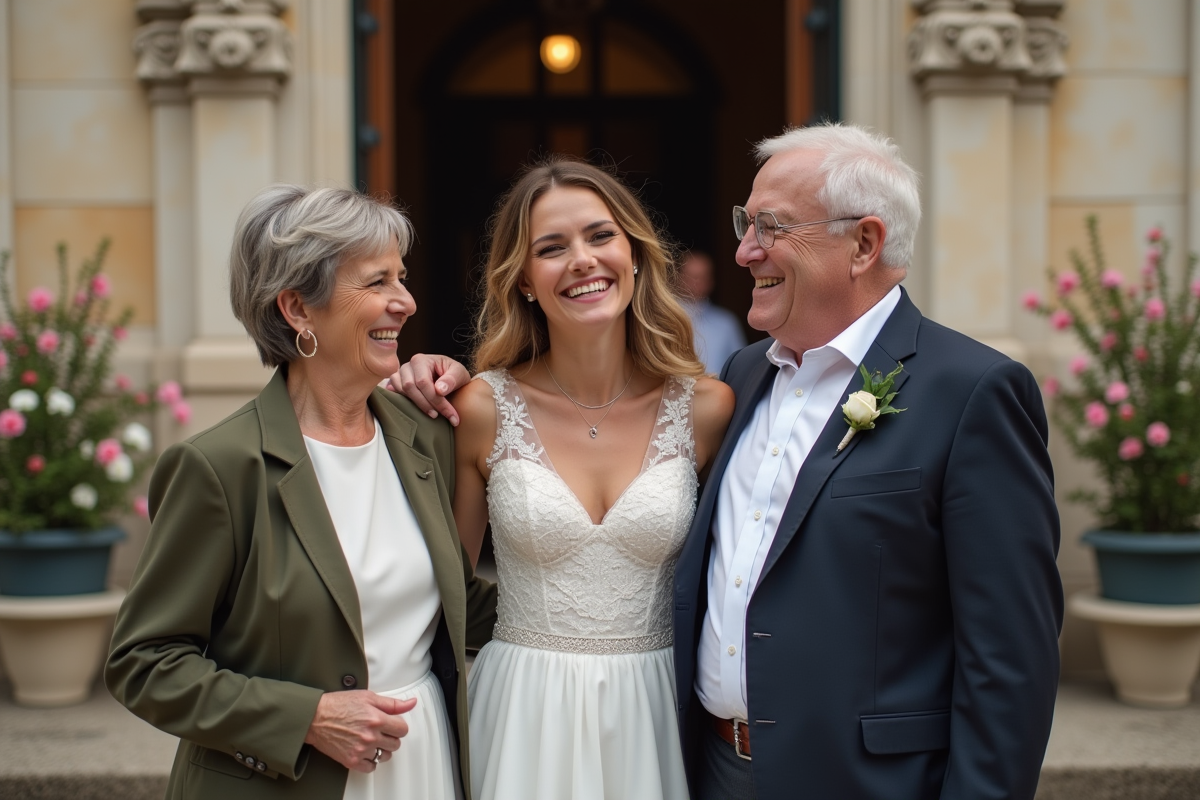 Famille de la mariée riant devant la mairie