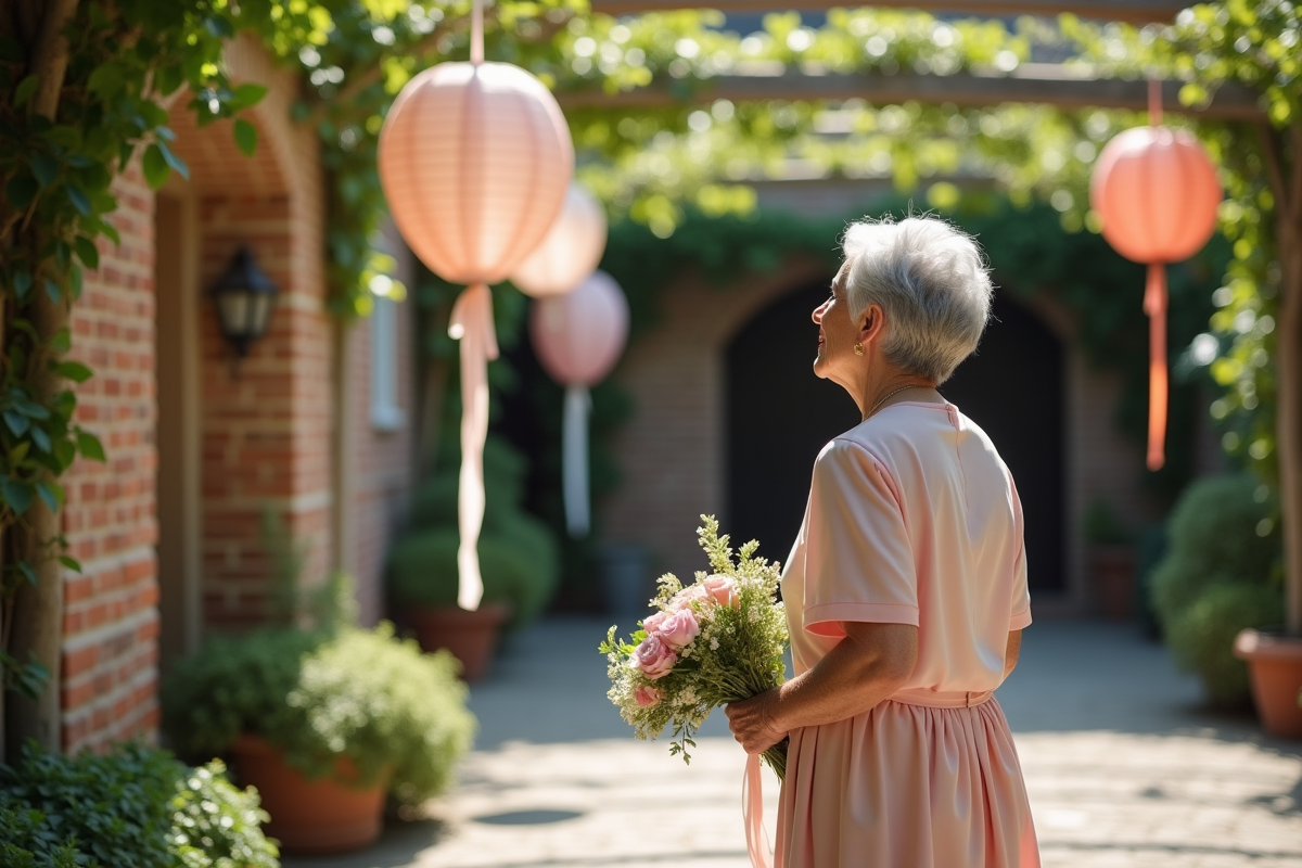 Femme âgée admirant lanternes en papier lors d