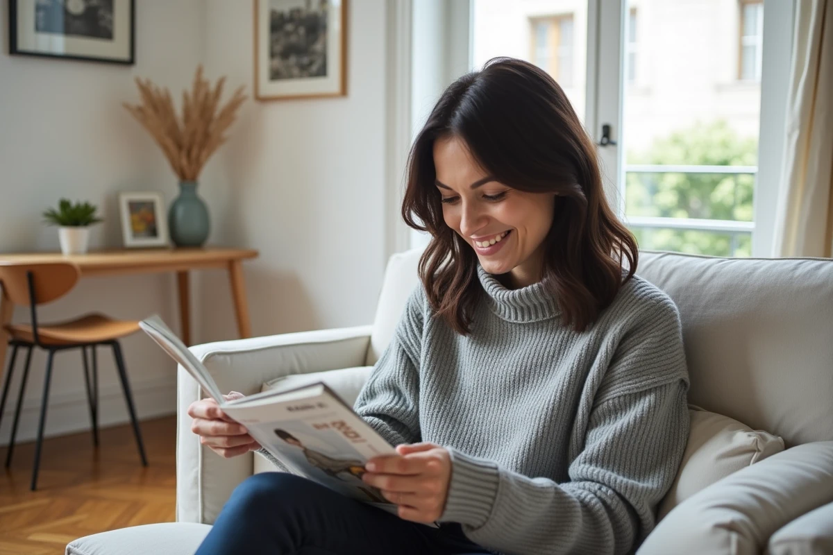 Femme souriante lisant un magazine dans un appartement parisien moderne, illustration d'un article vérifiant les informations sur la vie privée de Juliette Plumecocq Mech