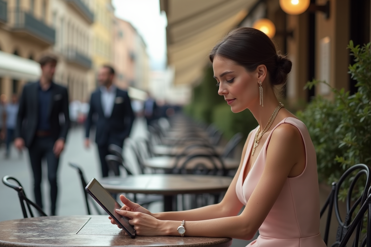 Femme élégante lisant une tablette en terrasse de café