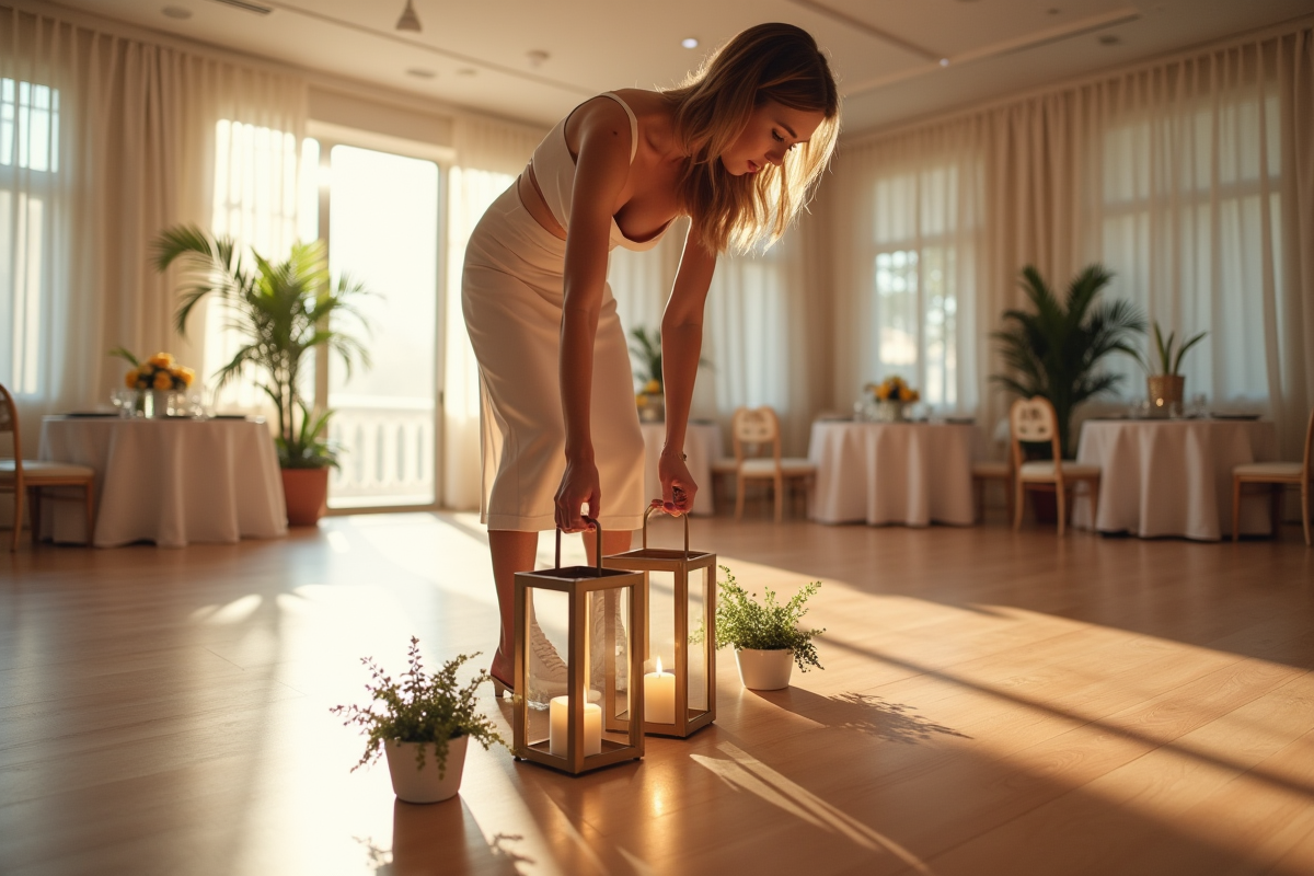 Jeune femme arrangeant lanternes et plantes sur la piste de danse