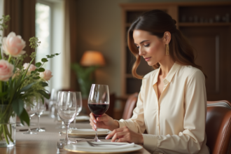 Femme élégante servant un verre de vin rouge lors d'un dîner