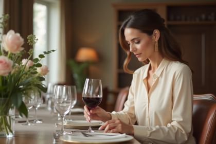 Femme élégante servant un verre de vin rouge lors d'un dîner