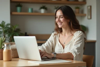 Femme souriante en robe lin regardant un site mariage écologique