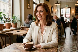 Femme élégante souriante dans un bistrot parisien, portrait journalistique illustrant la vie personnelle d'une personnalité médiatique