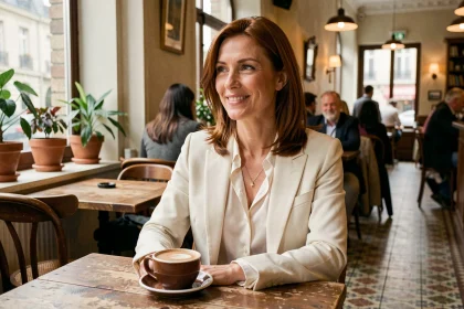 Femme élégante souriante dans un bistrot parisien, portrait journalistique illustrant la vie personnelle d'une personnalité médiatique
