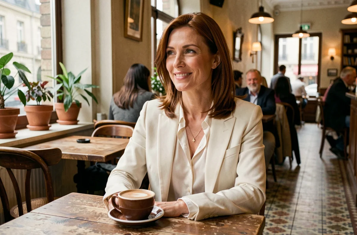 Femme élégante souriante dans un bistrot parisien, portrait journalistique illustrant la vie personnelle d'une personnalité médiatique