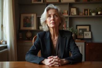 Femme élégante assise à une table en intérieur chaleureux