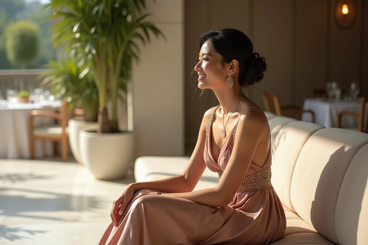 Femme en robe de soirée moderne assise sur un sofa