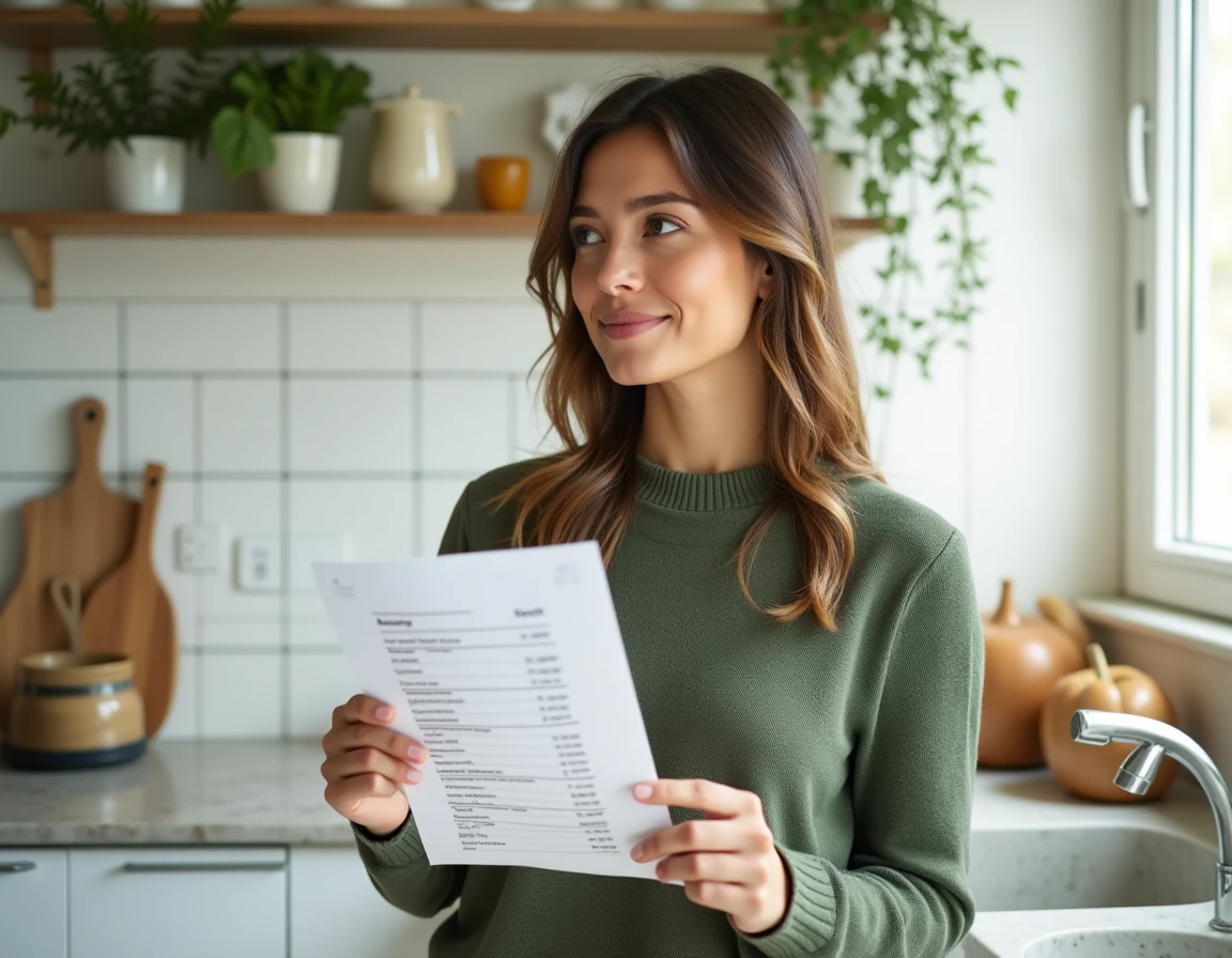 Femme tenant une feuille avec les résultats d'un test de compatibilité par prénom dans une cuisine moderne