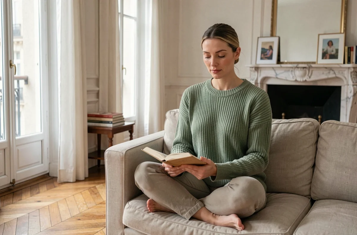 Femme épanouie lisant sur un canapé dans un appartement haussmannien parisien, évoquant la sérénité et l'intimité de la vie privée