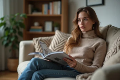 Femme assise sur un canapé dans un intérieur chaleureux