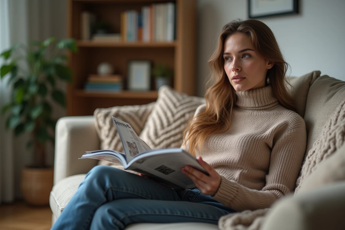 Femme assise sur un canapé dans un intérieur chaleureux