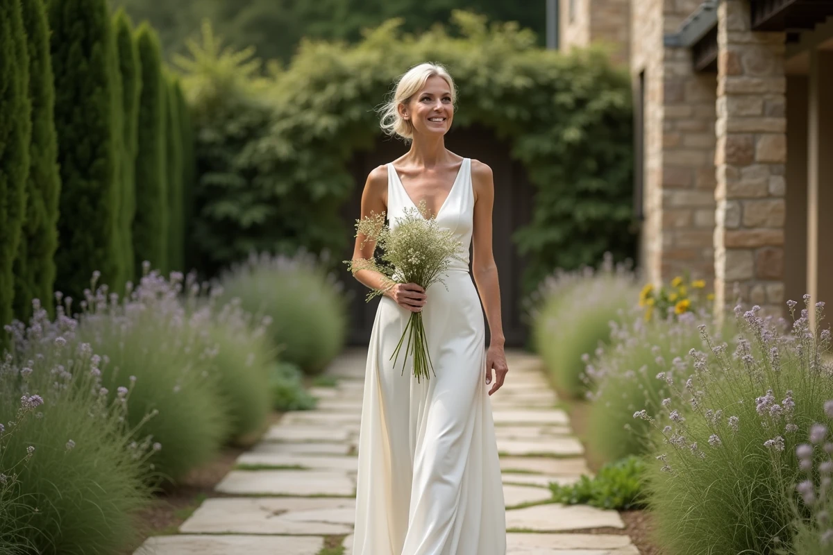 Femme mature en robe de mariage dans un jardin