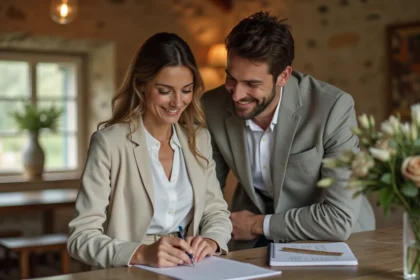 Jeune organisatrice de mariage discutant avec un couple dans un lieu champêtre