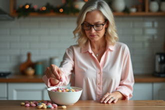 Femme versant des dragées colorées dans un bol en cuisine