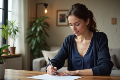 Jeune femme écrivant des invitations de mariage dans un intérieur cosy