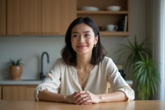 Femme calme assise à la cuisine avec sourire discret