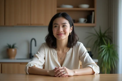 Femme calme assise à la cuisine avec sourire discret