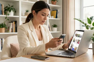 Femme élégante consultant les réseaux sociaux sur ordinateur, illustrant la propagation des rumeurs en ligne sur les personnalités médiatiques