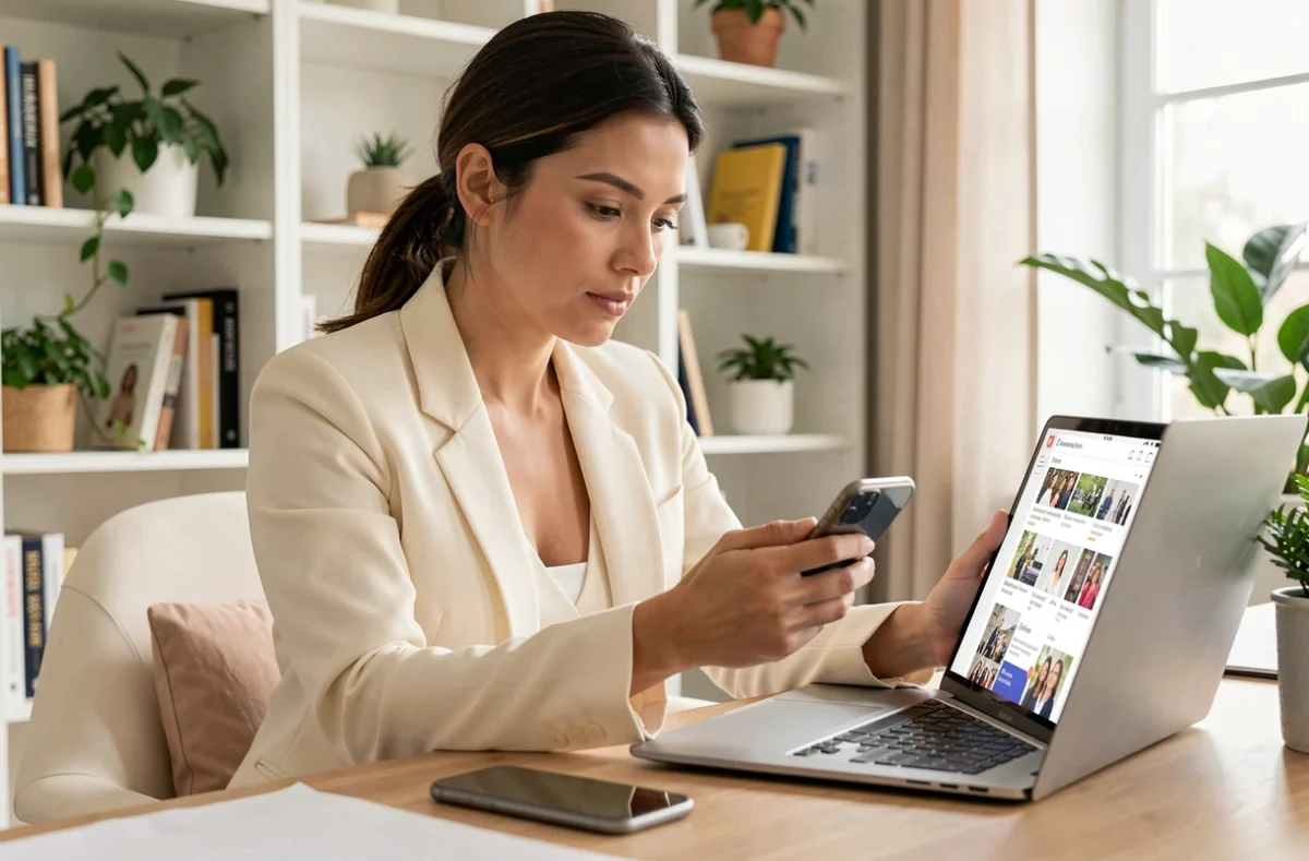 Femme élégante consultant les réseaux sociaux sur ordinateur, illustrant la propagation des rumeurs en ligne sur les personnalités médiatiques