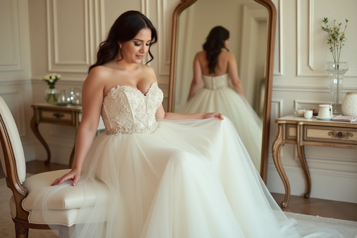 Femme ronde en robe de mariée princesse à broderies florales assise dans une boutique de mariage, reflet dans le miroir mettant en valeur la robe volumineuse