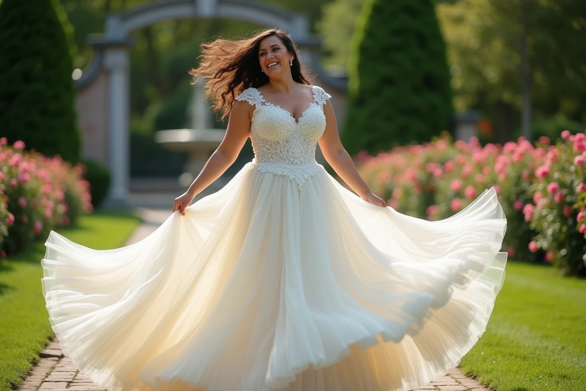 Femme ronde en robe de mariée princesse à jupe en tulle virevoltante dans un jardin fleuri, expression joyeuse et silhouette épanouie mise en valeur