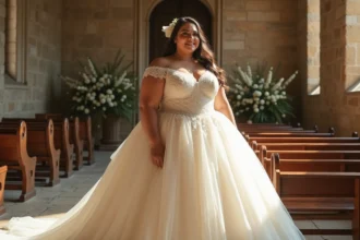 Femme ronde épanouie en robe de mariée princesse à jupe en tulle volumineux dans une chapelle en pierre, sourire confiant et silhouette mise en valeur