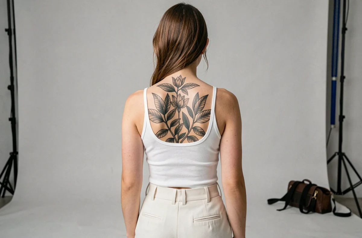 Femme présentant un grand tatouage botanique dans le dos lors d'une séance photo professionnelle en studio