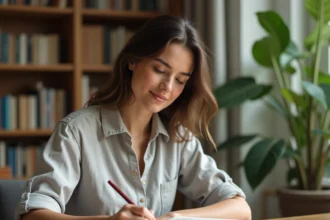 Jeune femme consultant un journal avec des prénoms écrits à la main pour tester une compatibilité amoureuse